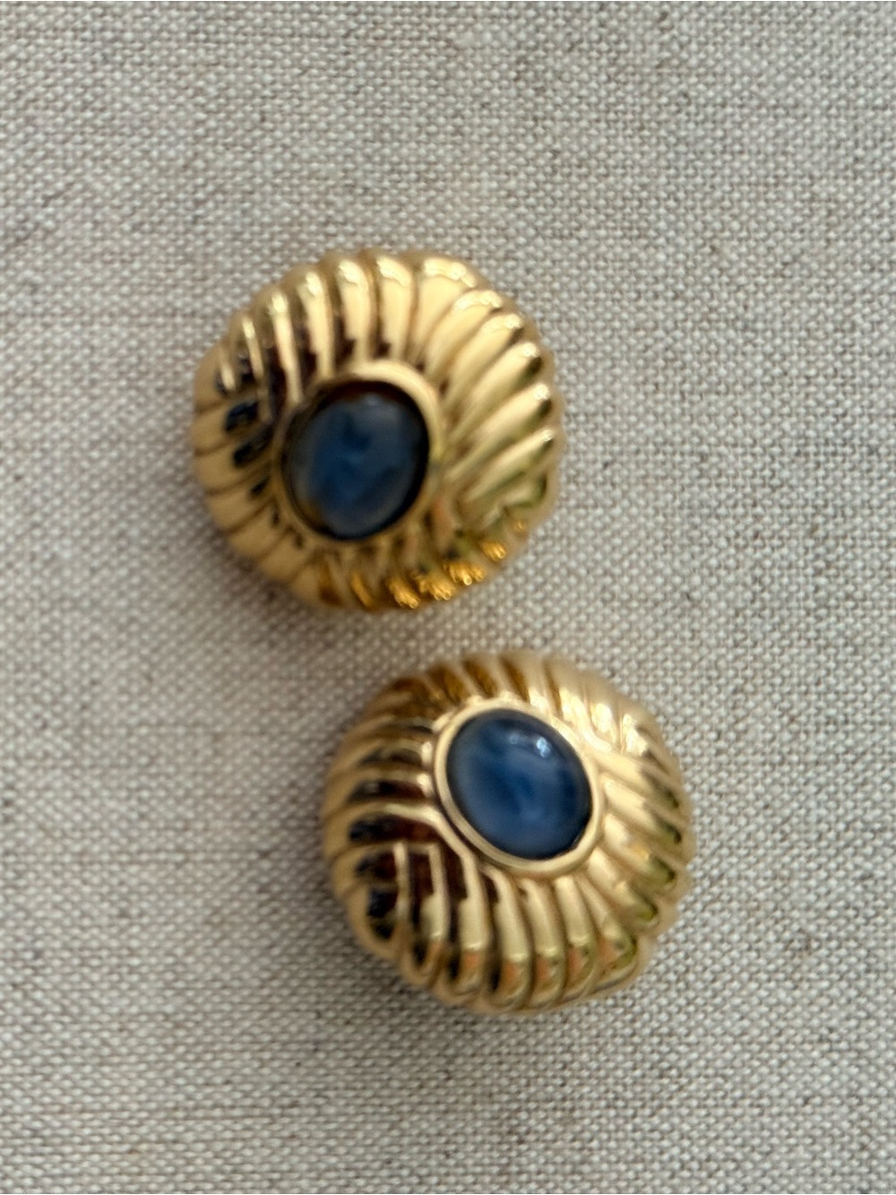 80s Clip-on Gold-Tone Swirl Button Earrings with Blue Cabochon